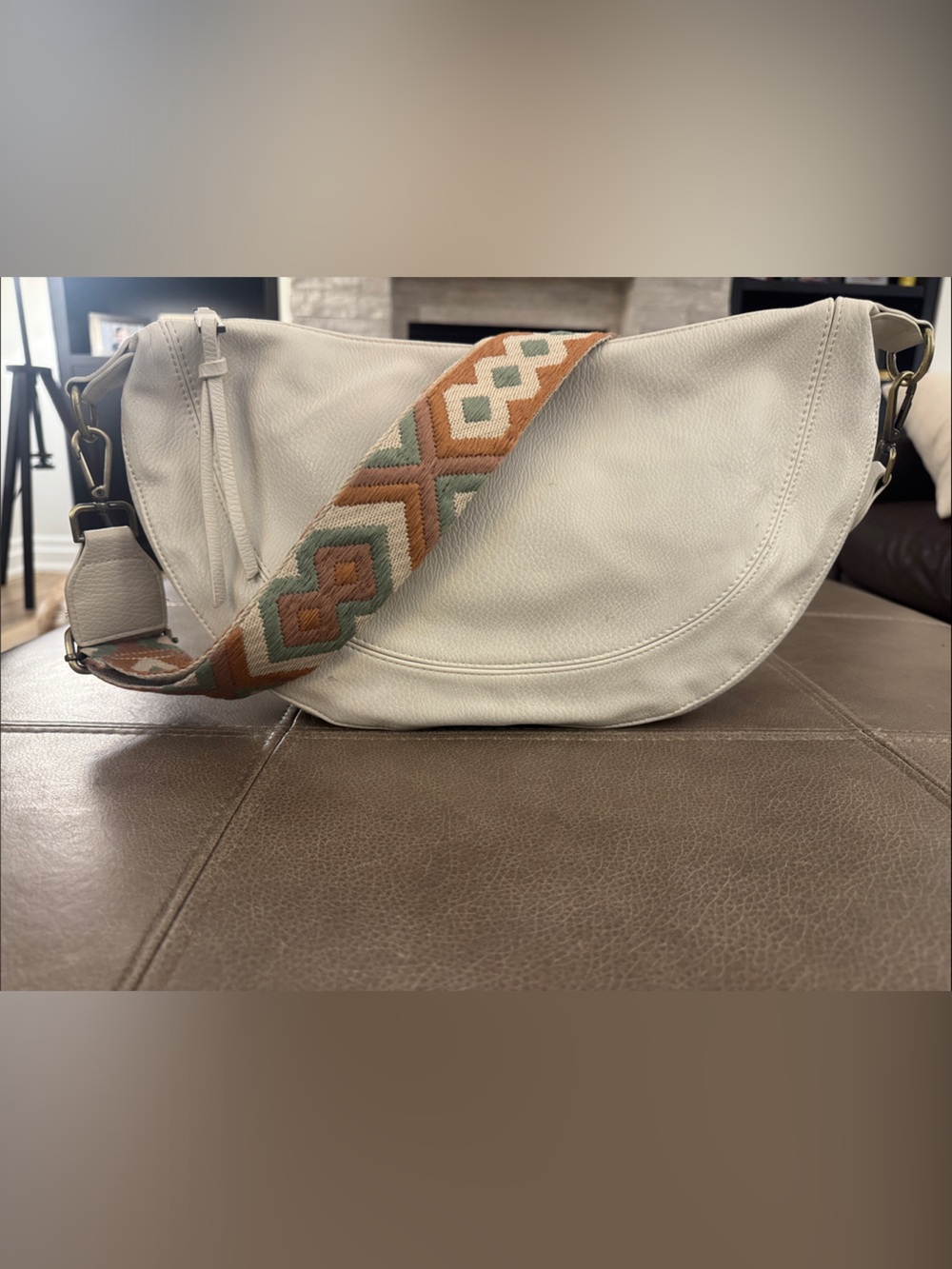 Anthropologie White Crescent Leather Hobo Bag with Patterned and matching Strap